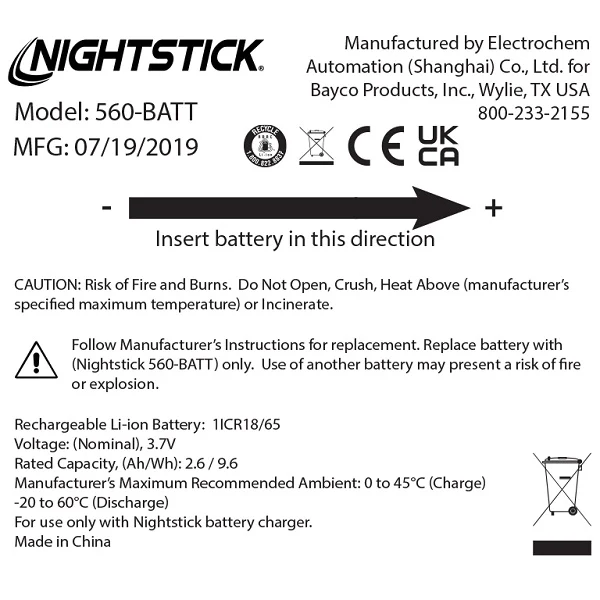 560-BATT: Rechargeable Li-ion Battery - Select Nightstick TAC/USB Series - Image 2