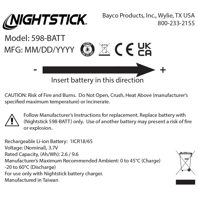 598-BATT: Rechargeable Li-ion Battery - Select Nightstick TAC/USB Series - Image 2